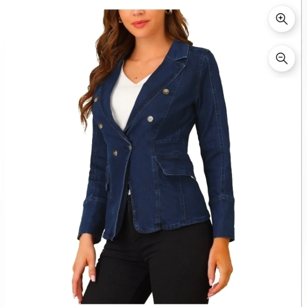 Allegra K Women's Notched Lapel Long Sleeve Button Denim Jacket with Pockets